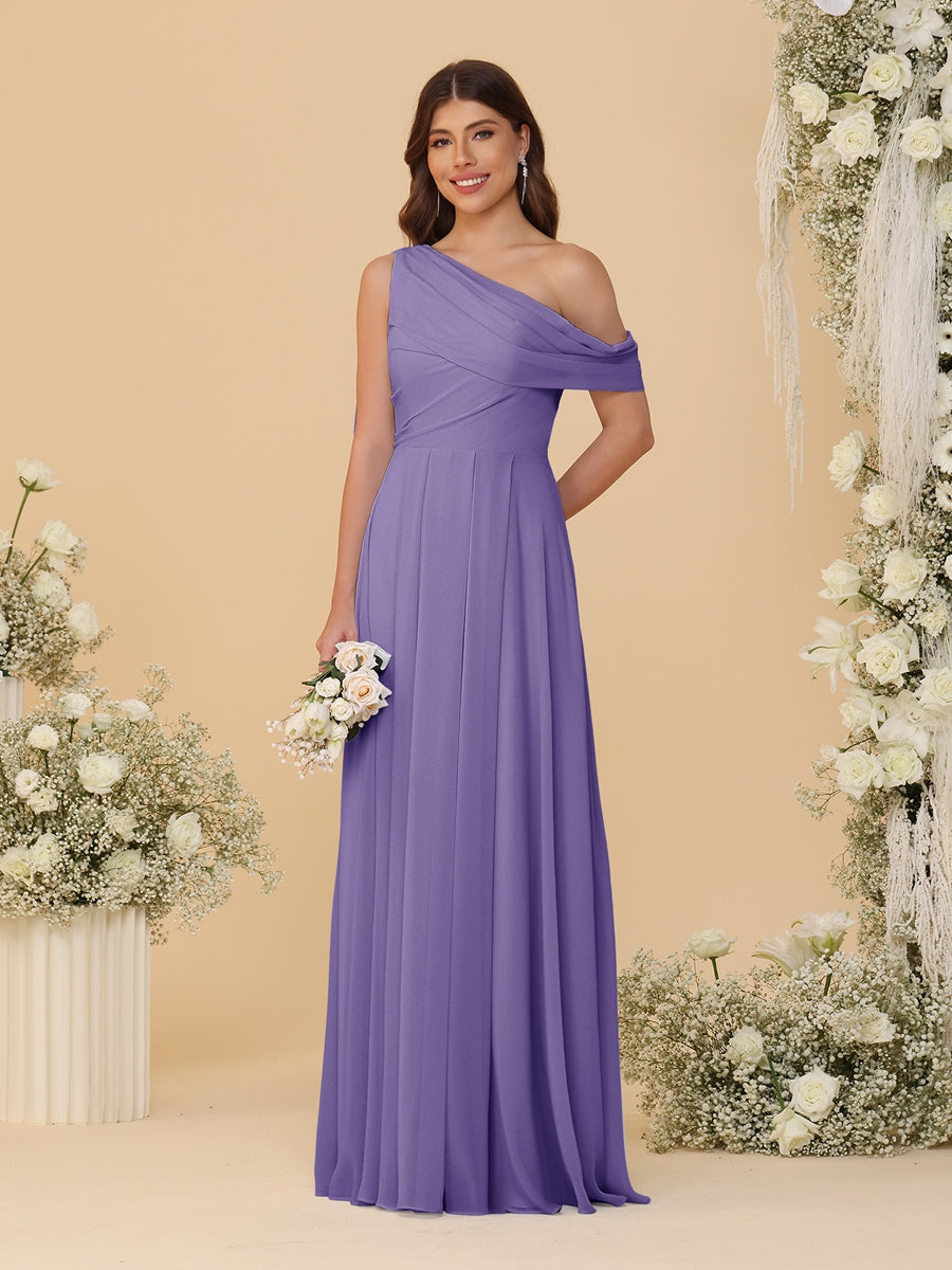 A-Line/Princess One-Shoulder Floor-Length Bridesmaid Dresses With Watteau Train Light Purple