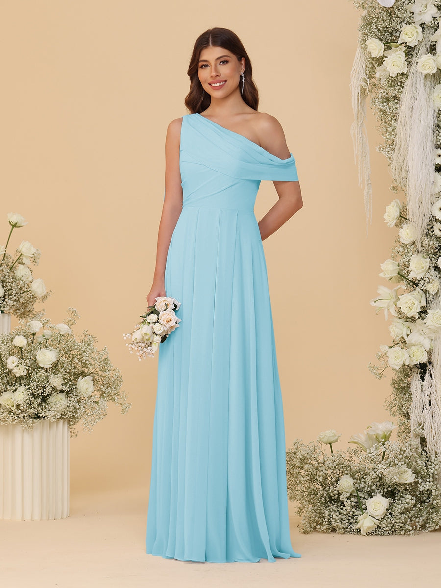 A-Line/Princess One-Shoulder Floor-Length Bridesmaid Dresses With Watteau Train Light Sky Blue