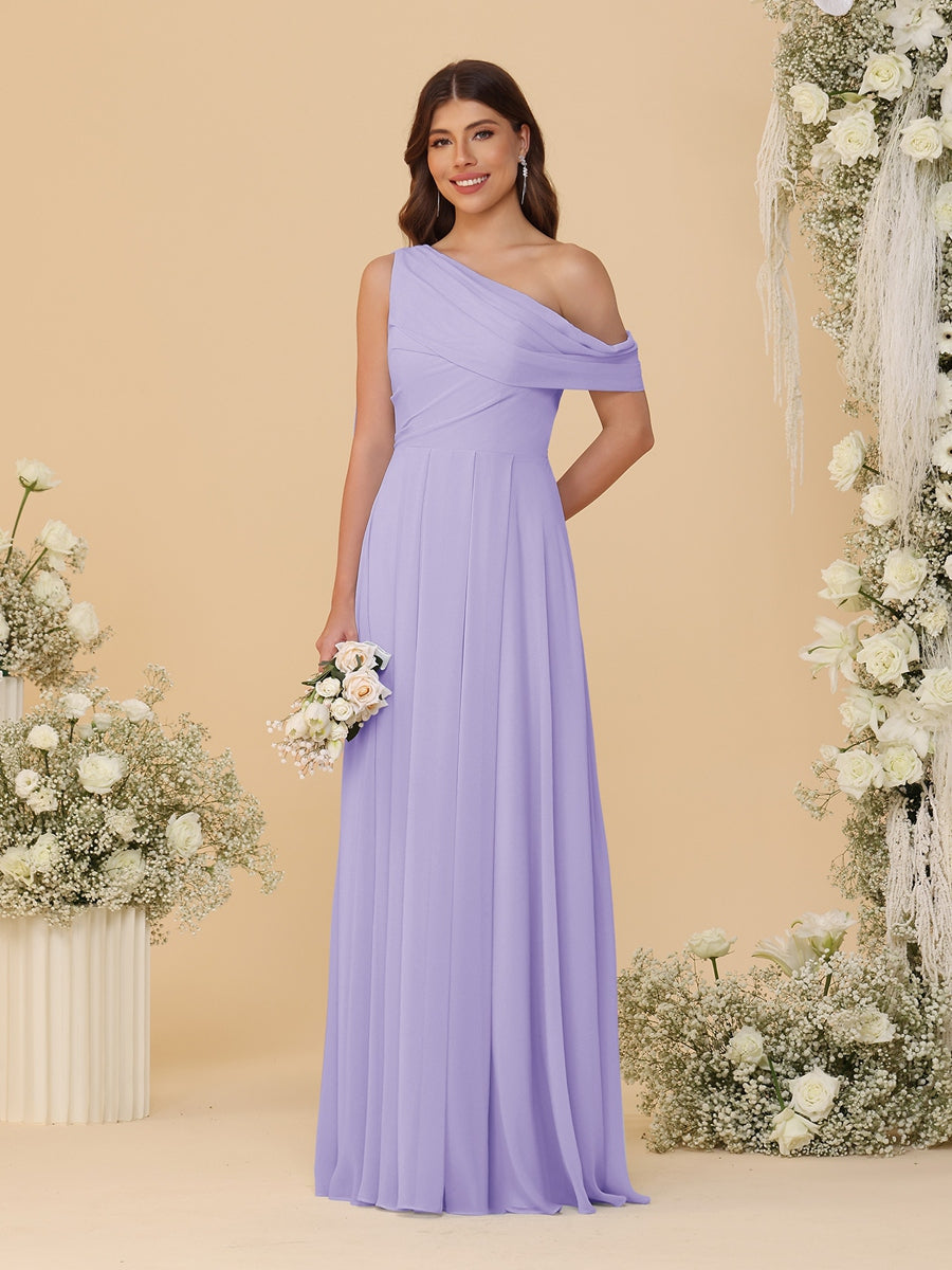 A-Line/Princess One-Shoulder Floor-Length Bridesmaid Dresses With Watteau Train Lilac