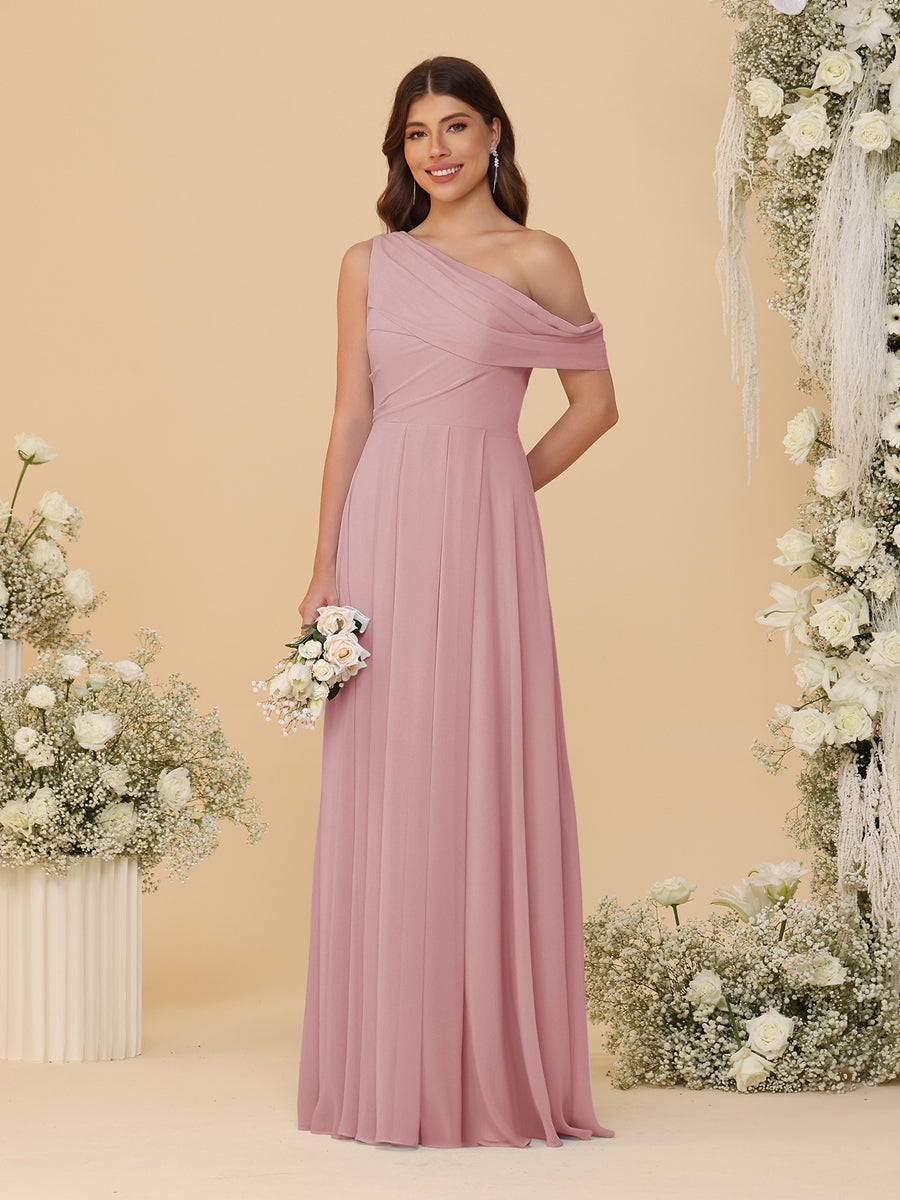 A-Line/Princess One-Shoulder Floor-Length Bridesmaid Dresses With Watteau Train Mauve