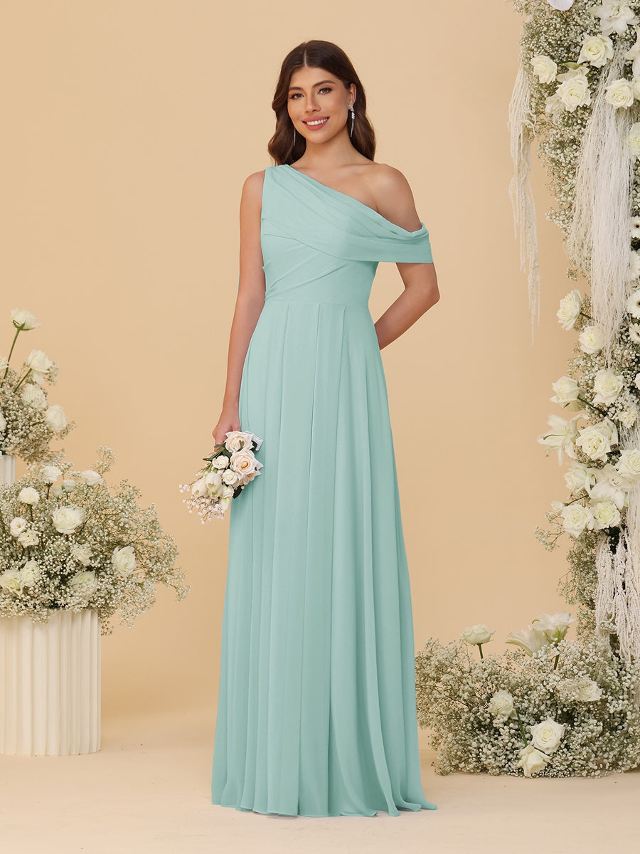 A-Line/Princess One-Shoulder Floor-Length Bridesmaid Dresses With Watteau Train Mist Blue
