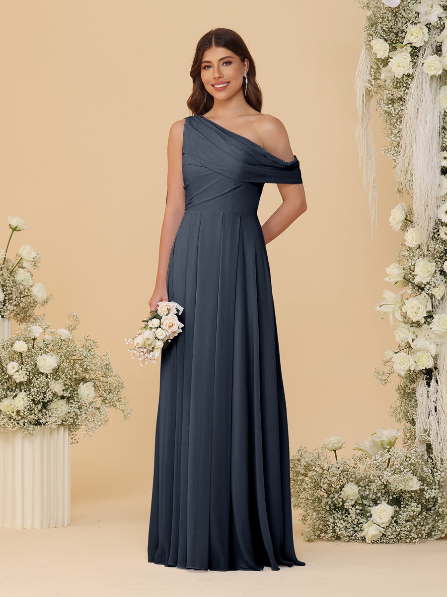A-Line/Princess One-Shoulder Floor-Length Bridesmaid Dresses With Watteau Train Navy Blue
