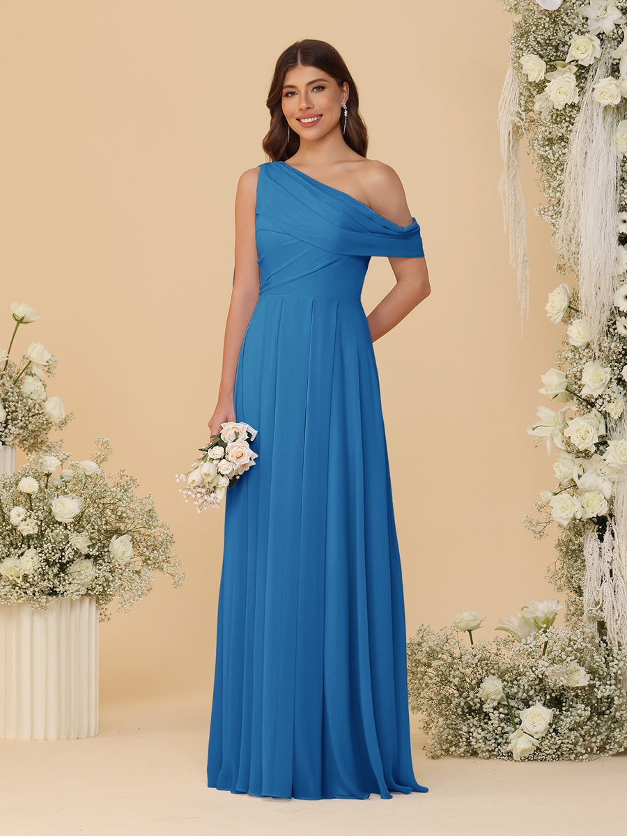 A-Line/Princess One-Shoulder Floor-Length Bridesmaid Dresses With Watteau Train Ocean Blue