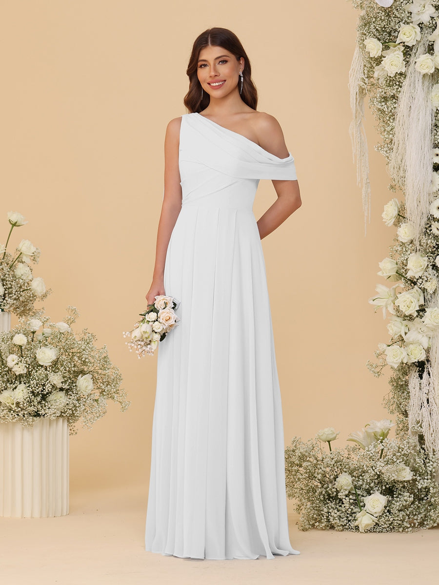 A-Line/Princess One-Shoulder Floor-Length Bridesmaid Dresses With Watteau Train Off White