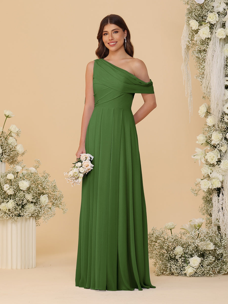 A-Line/Princess One-Shoulder Floor-Length Bridesmaid Dresses With Watteau Train Olive Green
