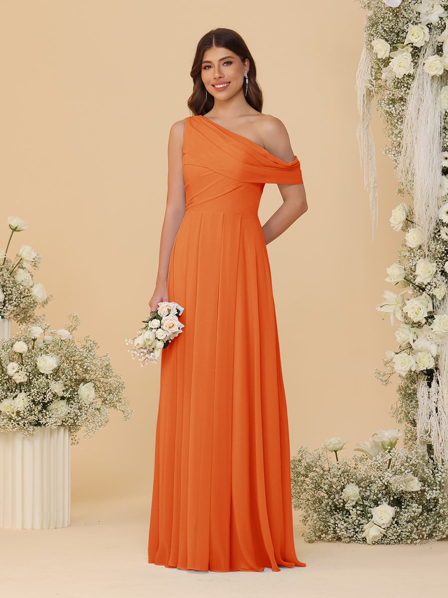 A-Line/Princess One-Shoulder Floor-Length Bridesmaid Dresses With Watteau Train Orange