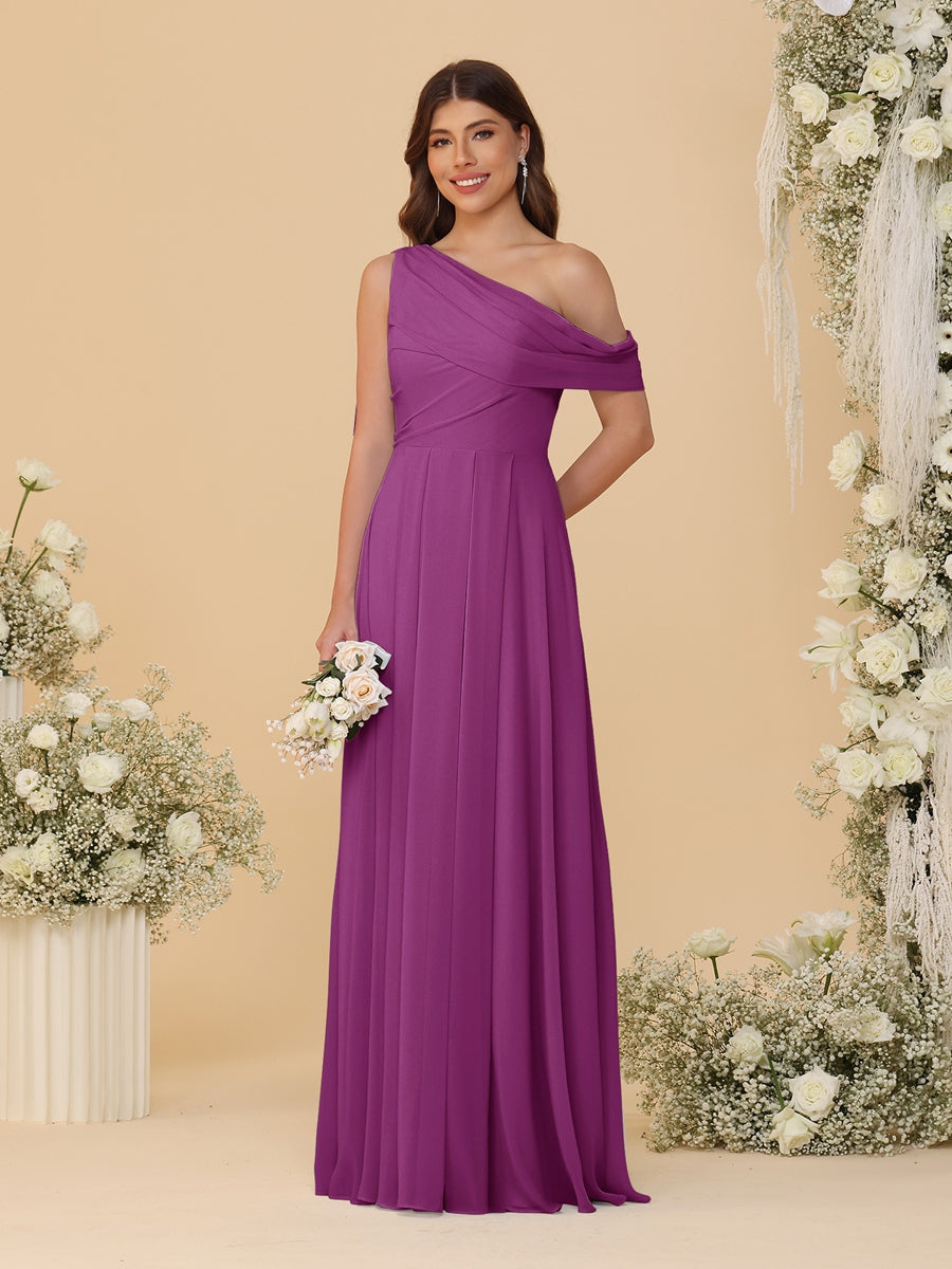 A-Line/Princess One-Shoulder Floor-Length Bridesmaid Dresses With Watteau Train Orchid