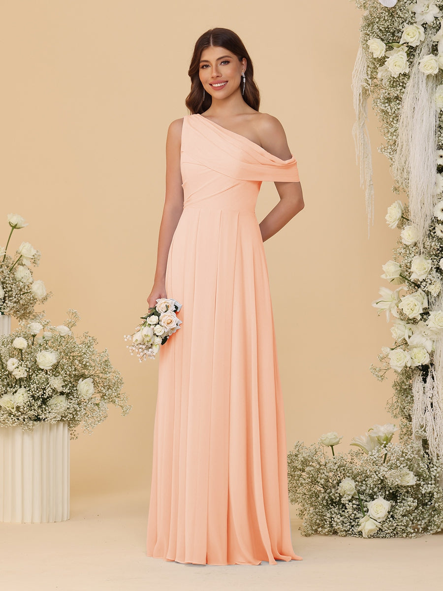 A-Line/Princess One-Shoulder Floor-Length Bridesmaid Dresses With Watteau Train Peach Pink
