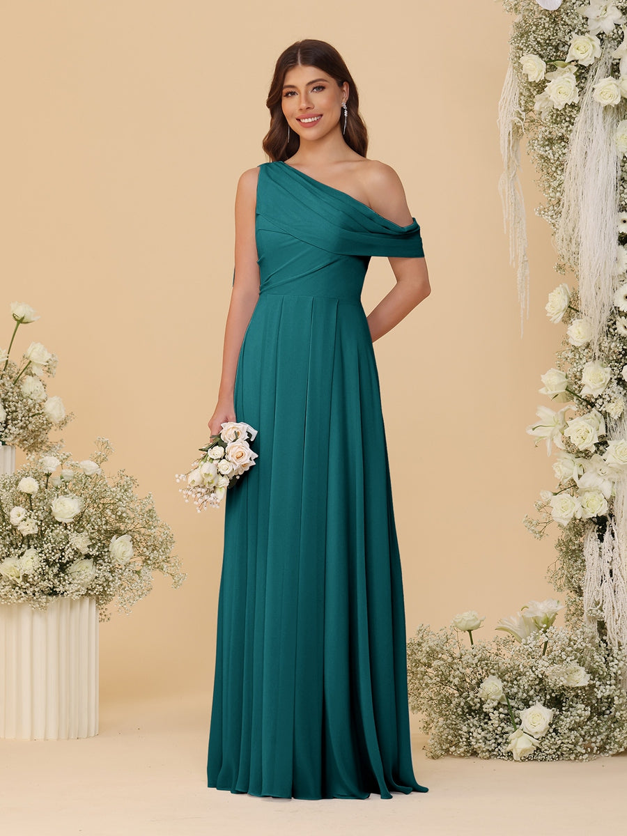 A-Line/Princess One-Shoulder Floor-Length Bridesmaid Dresses With Watteau Train Peacock