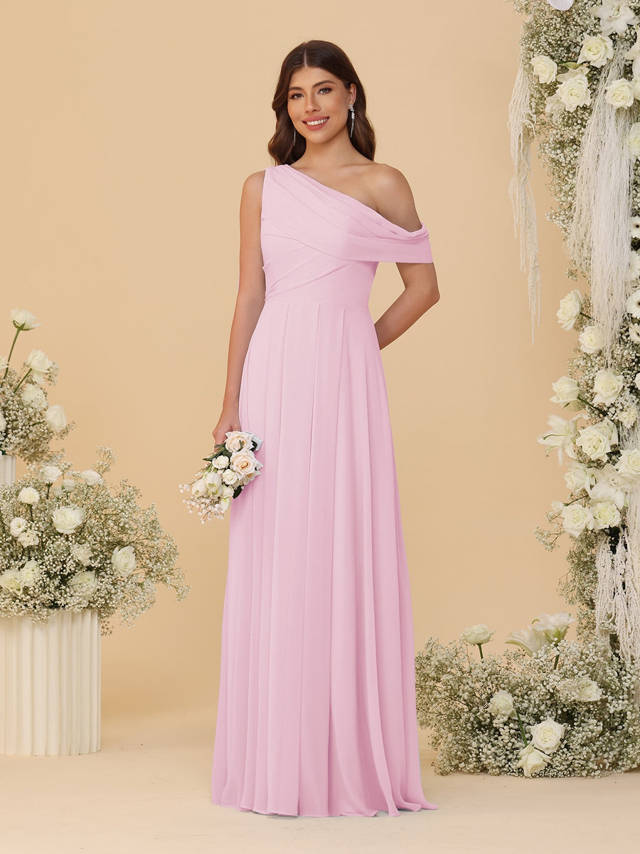 A-Line/Princess One-Shoulder Floor-Length Bridesmaid Dresses With Watteau Train Pink