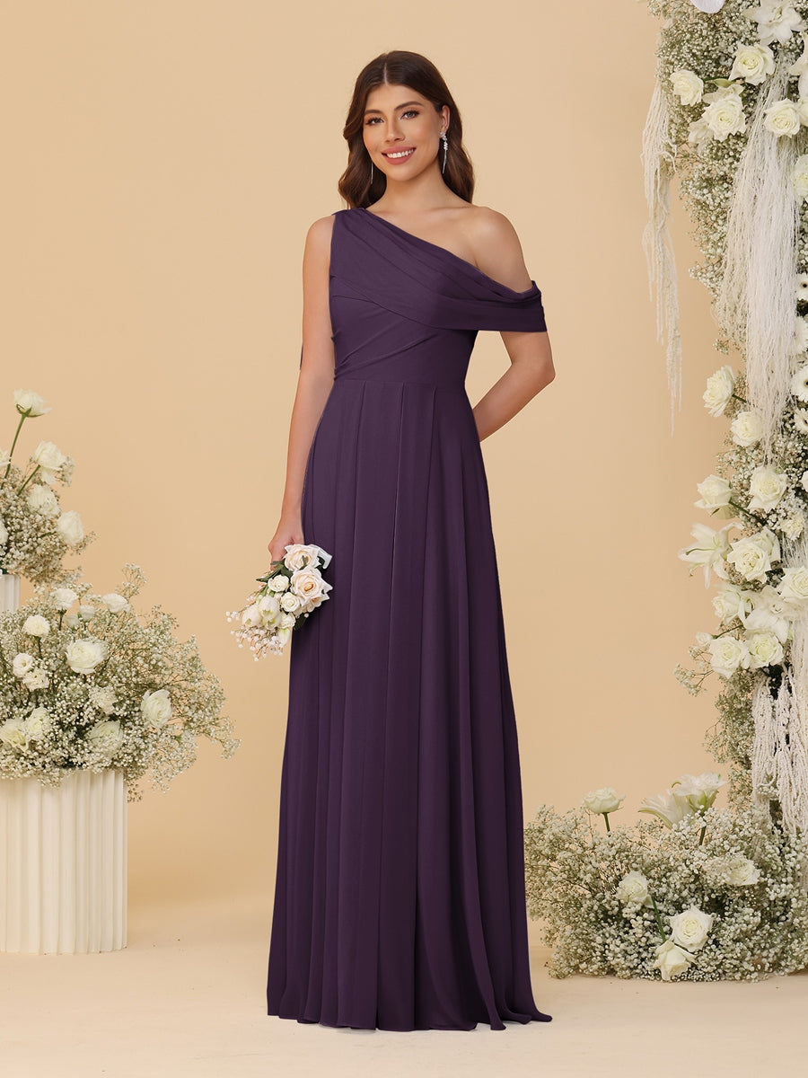 A-Line/Princess One-Shoulder Floor-Length Bridesmaid Dresses With Watteau Train Plum