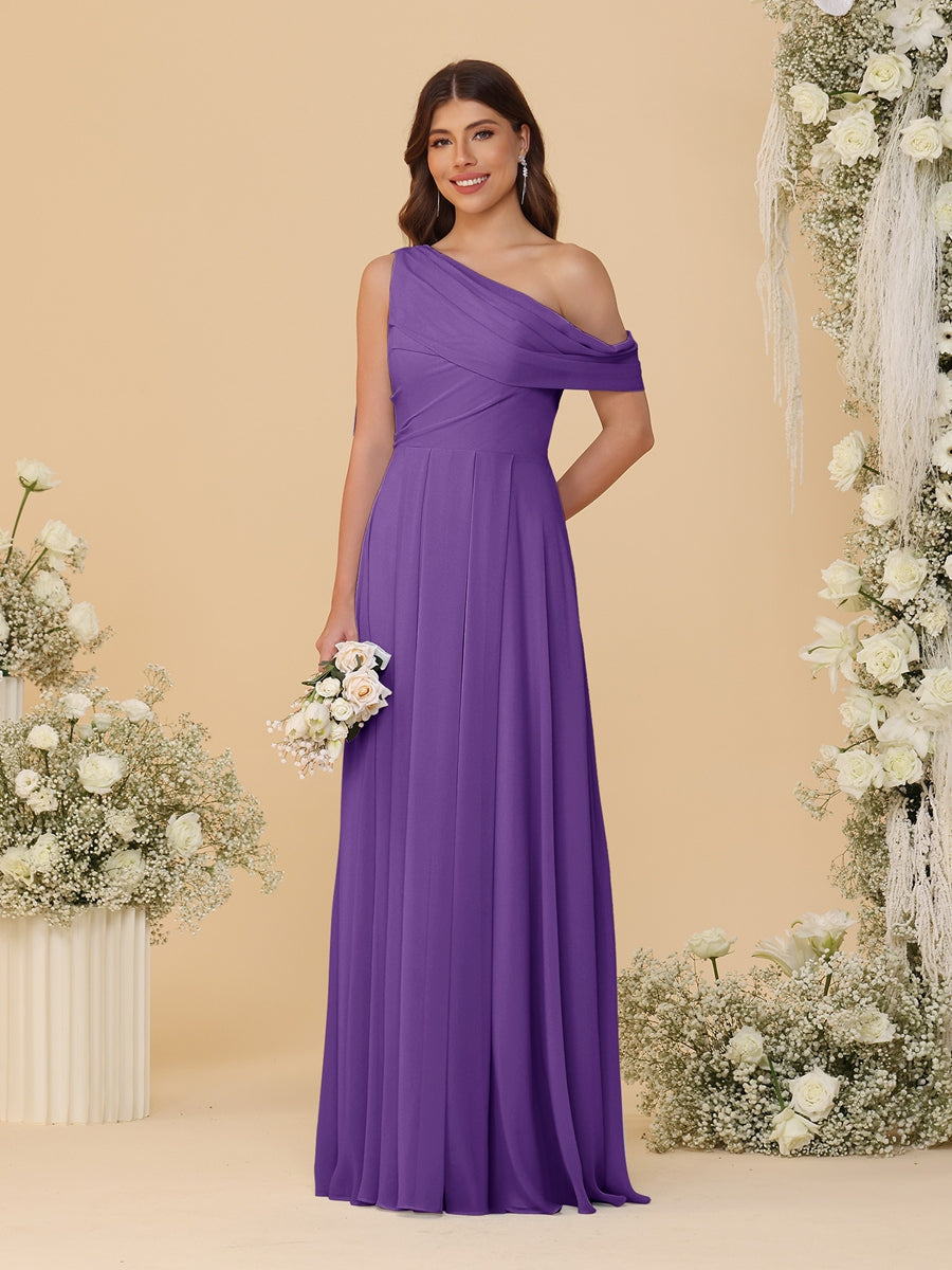 A-Line/Princess One-Shoulder Floor-Length Bridesmaid Dresses With Watteau Train Purple