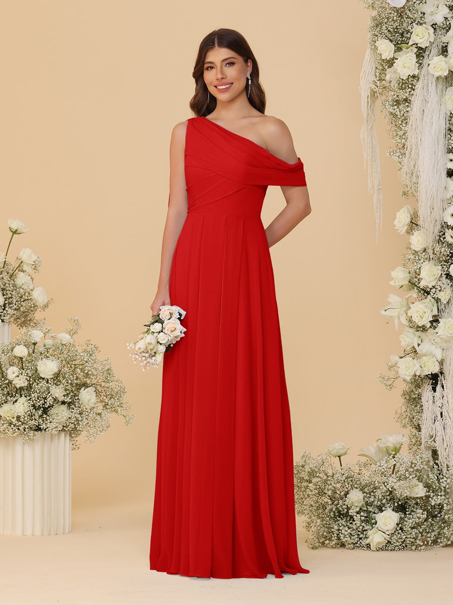 A-Line/Princess One-Shoulder Floor-Length Bridesmaid Dresses With Watteau Train Red