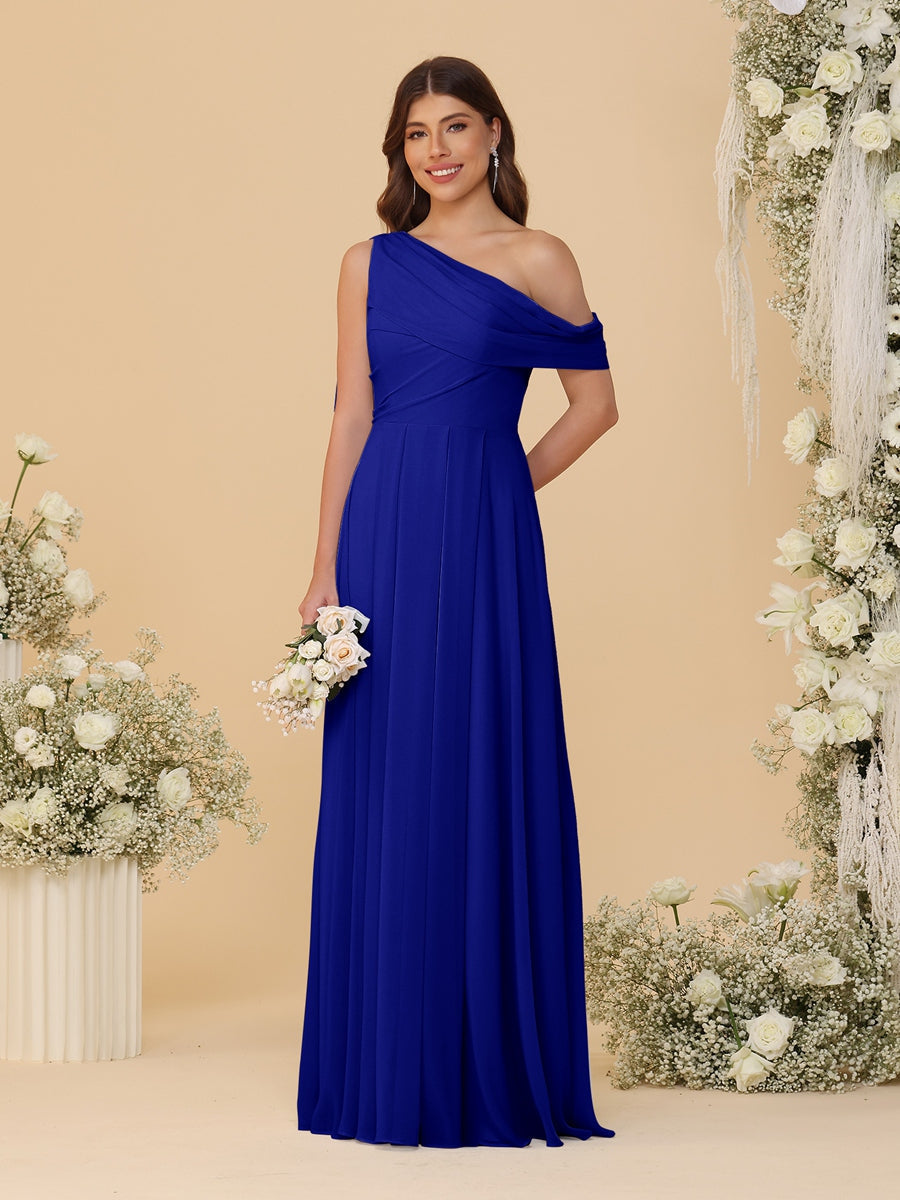 A-Line/Princess One-Shoulder Floor-Length Bridesmaid Dresses With Watteau Train Royal Blue