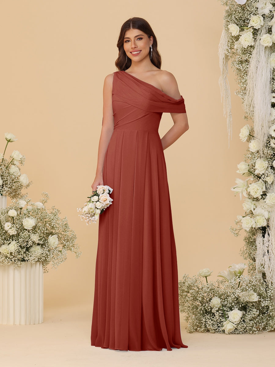 A-Line/Princess One-Shoulder Floor-Length Bridesmaid Dresses With Watteau Train Rust