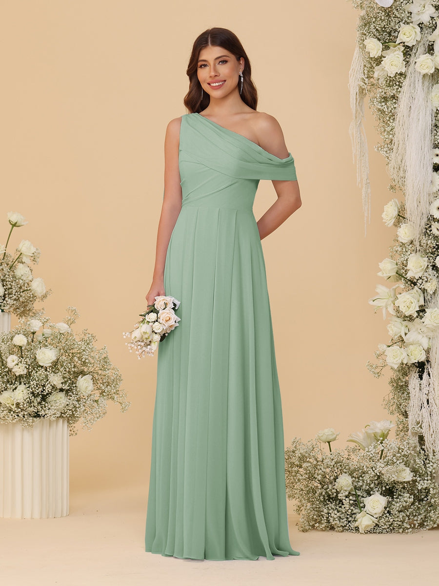 A-Line/Princess One-Shoulder Floor-Length Bridesmaid Dresses With Watteau Train Sage