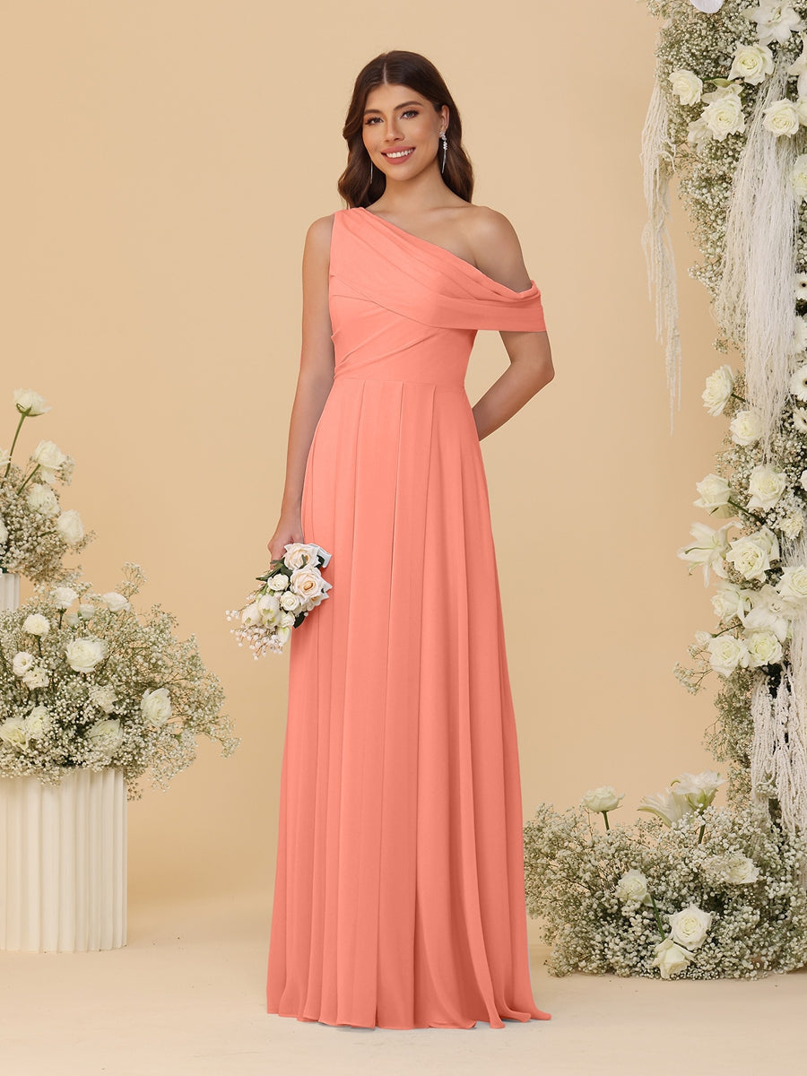 A-Line/Princess One-Shoulder Floor-Length Bridesmaid Dresses With Watteau Train Salmon