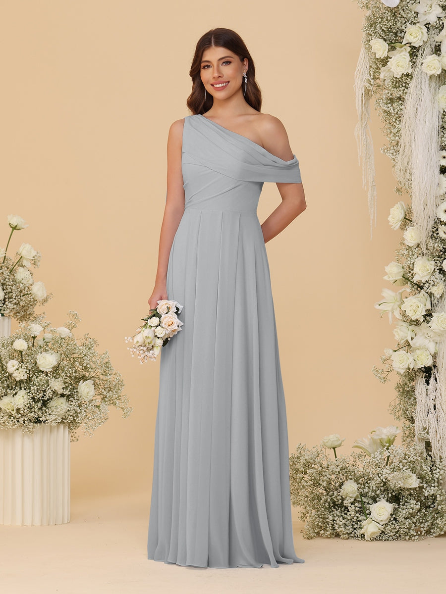 A-Line/Princess One-Shoulder Floor-Length Bridesmaid Dresses With Watteau Train Silver