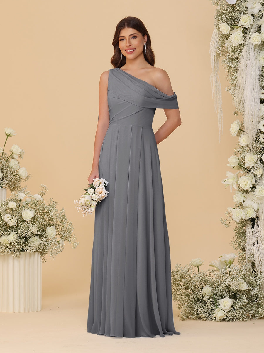 A-Line/Princess One-Shoulder Floor-Length Bridesmaid Dresses With Watteau Train Silver Gray