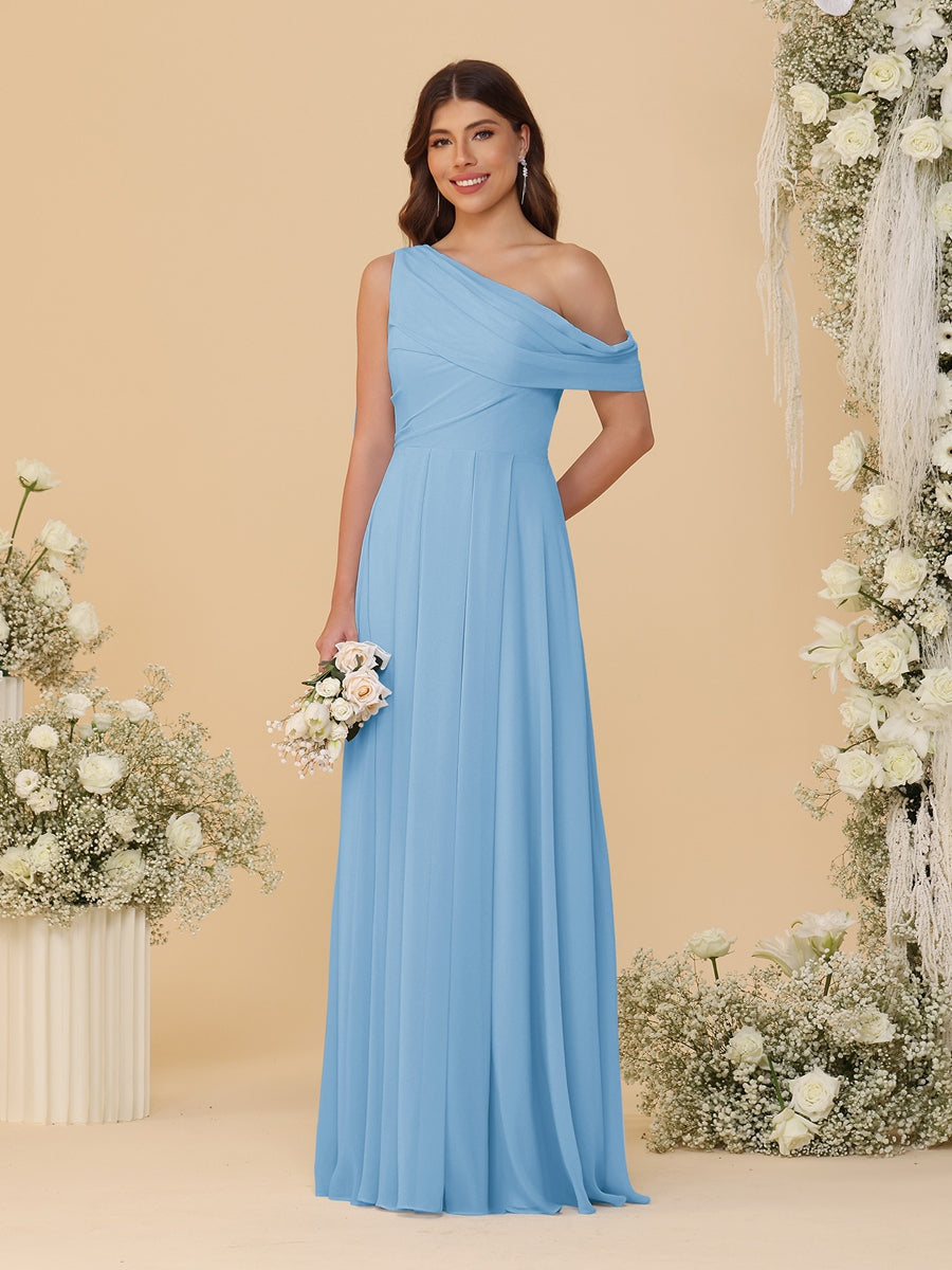 A-Line/Princess One-Shoulder Floor-Length Bridesmaid Dresses With Watteau Train Sky Blue