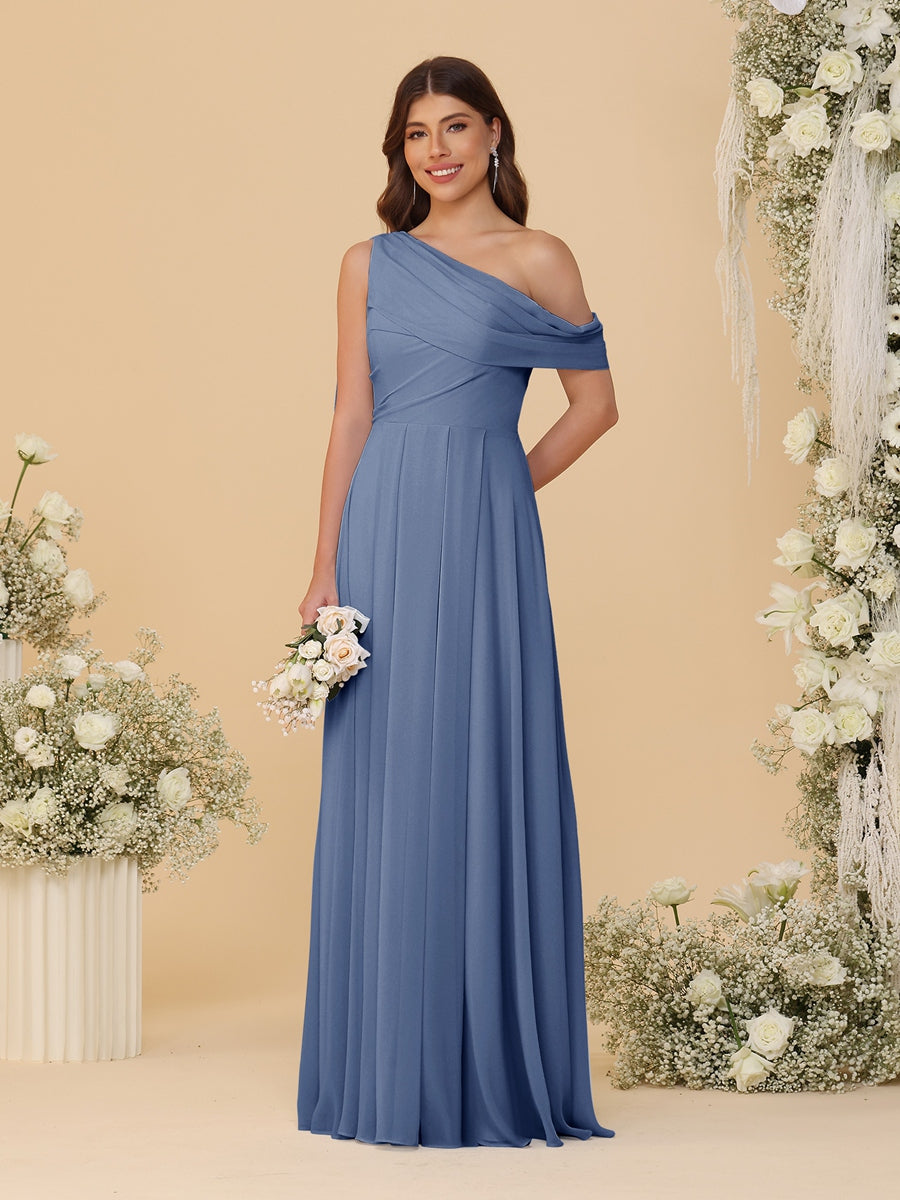 A-Line/Princess One-Shoulder Floor-Length Bridesmaid Dresses With Watteau Train Steel Blue