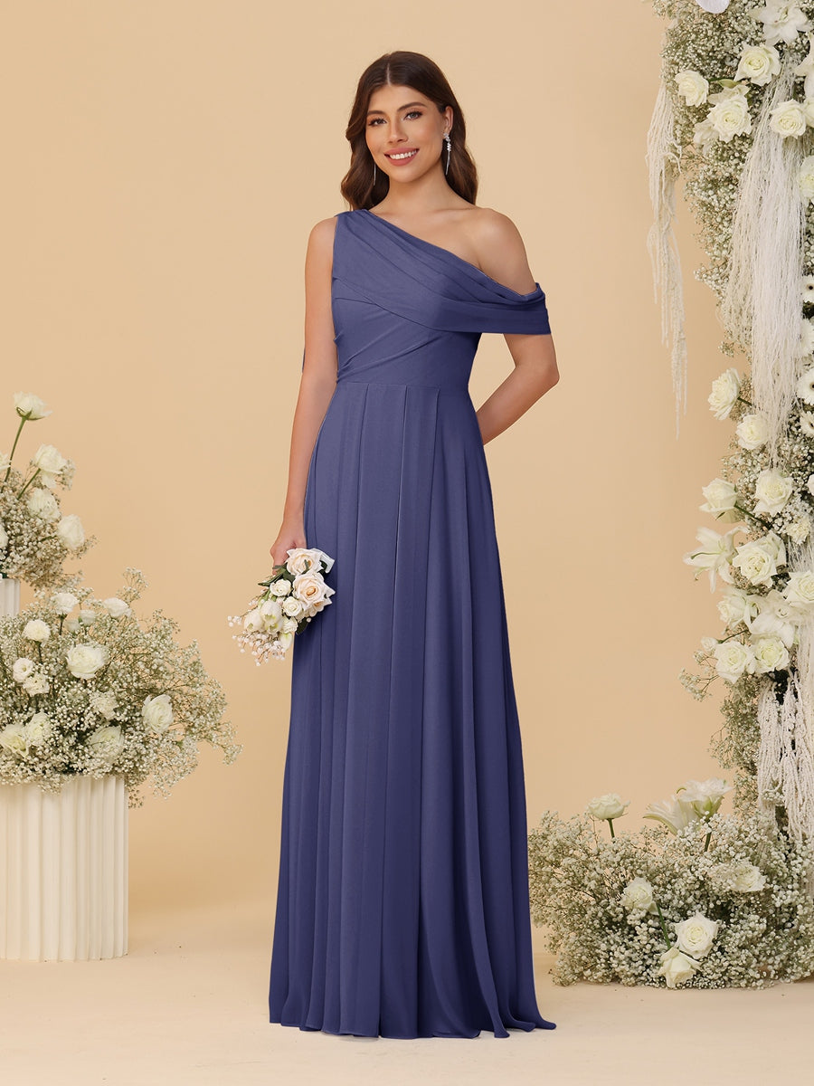 A-Line/Princess One-Shoulder Floor-Length Bridesmaid Dresses With Watteau Train Stormy Blue