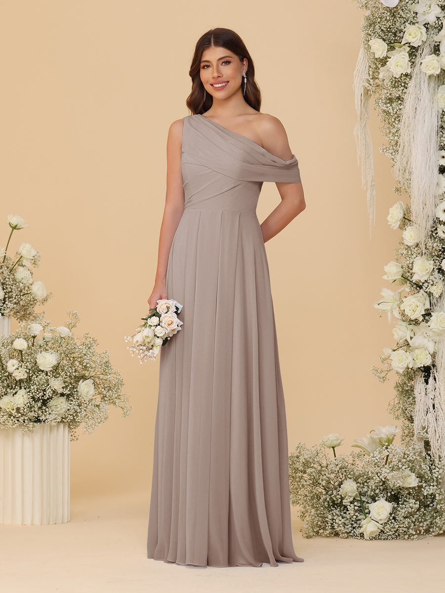 A-Line/Princess One-Shoulder Floor-Length Bridesmaid Dresses With Watteau Train Taupe