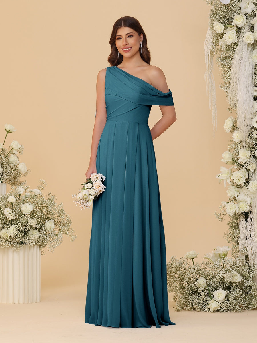 A-Line/Princess One-Shoulder Floor-Length Bridesmaid Dresses With Watteau Train Teal