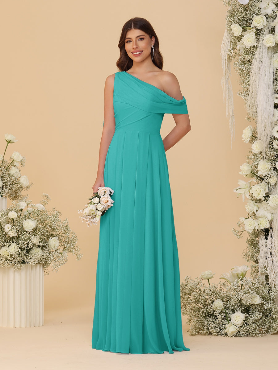 A-Line/Princess One-Shoulder Floor-Length Bridesmaid Dresses With Watteau Train Turquoise