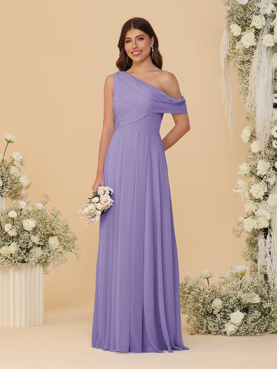 A-Line/Princess One-Shoulder Floor-Length Bridesmaid Dresses With Watteau Train Wisteria