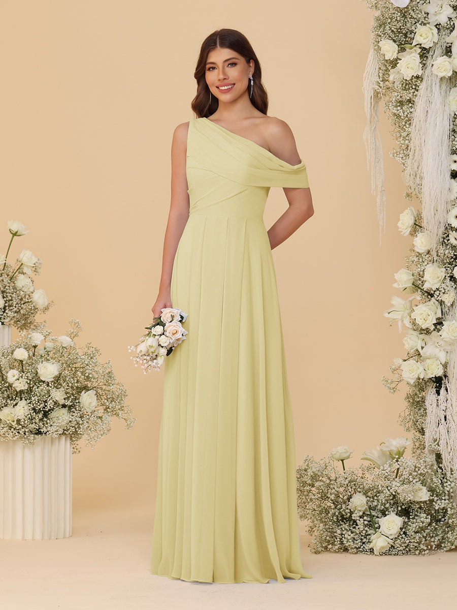 A-Line/Princess One-Shoulder Floor-Length Bridesmaid Dresses With Watteau Train Yellow