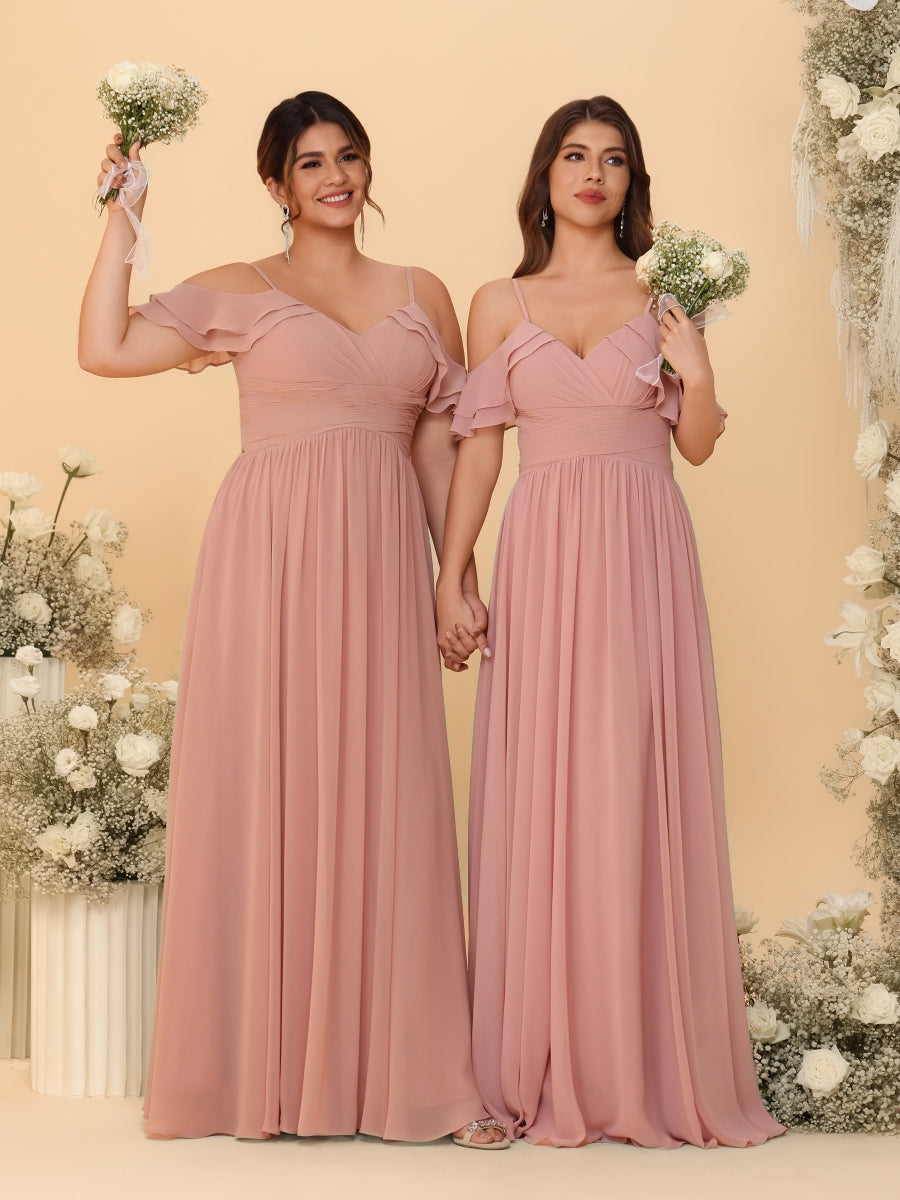 A-Line/Princess V-Neck Spaghetti Straps Chiffon Ruched Bridesmaid Dresses
