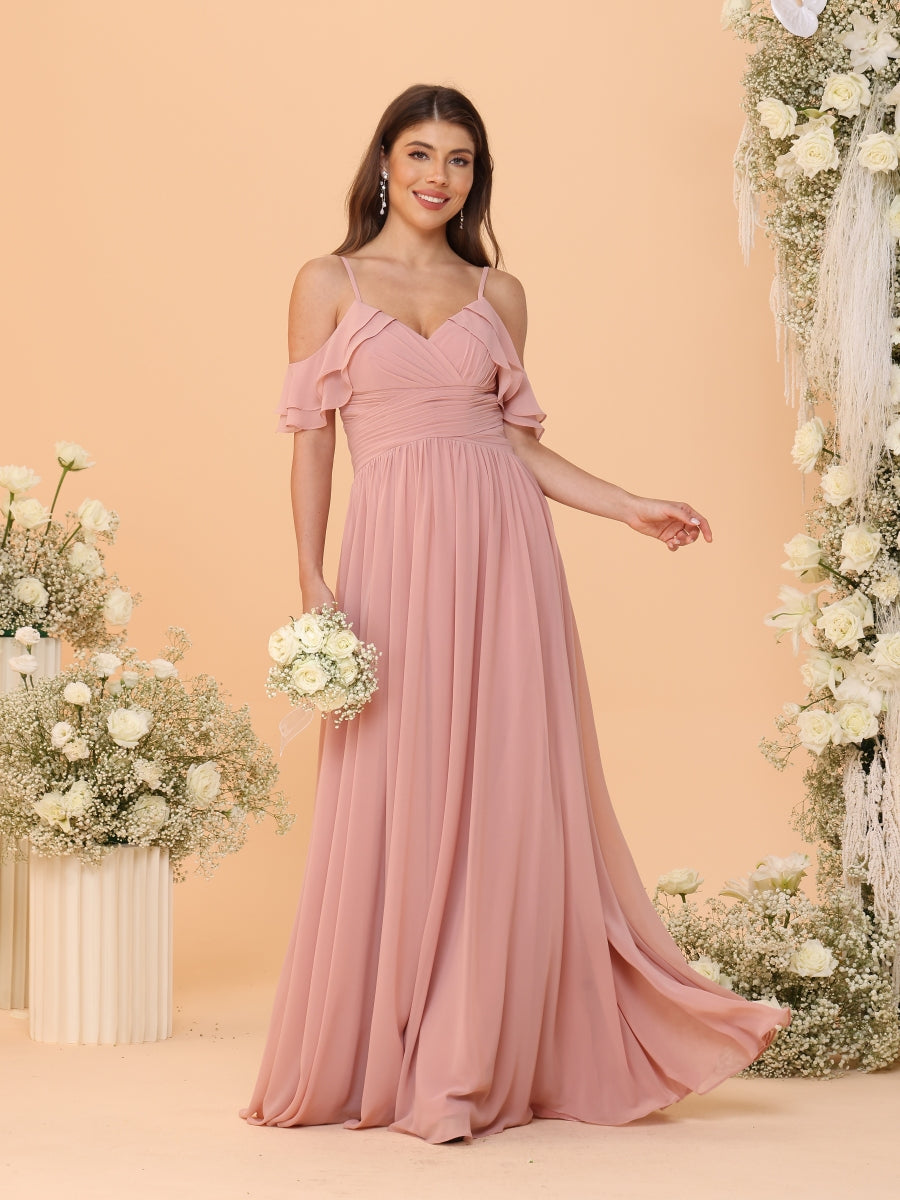 A-Line/Princess V-Neck Spaghetti Straps Chiffon Ruched Bridesmaid Dresses