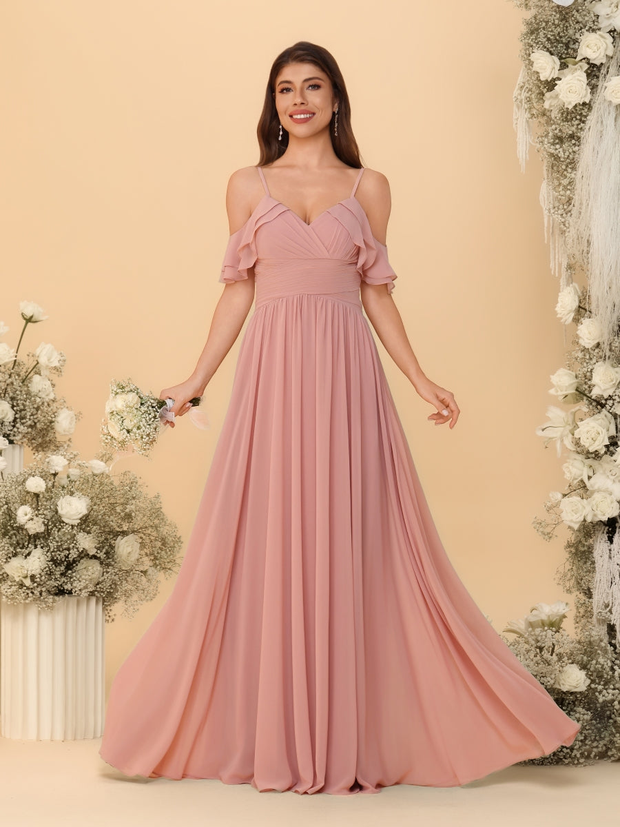 A-Line/Princess V-Neck Spaghetti Straps Chiffon Ruched Bridesmaid Dresses