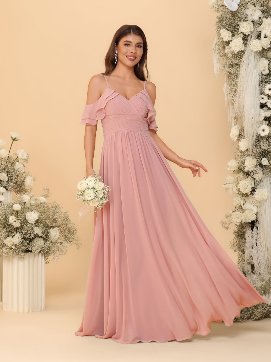 A-Line/Princess V-Neck Spaghetti Straps Chiffon Ruched Bridesmaid Dresses