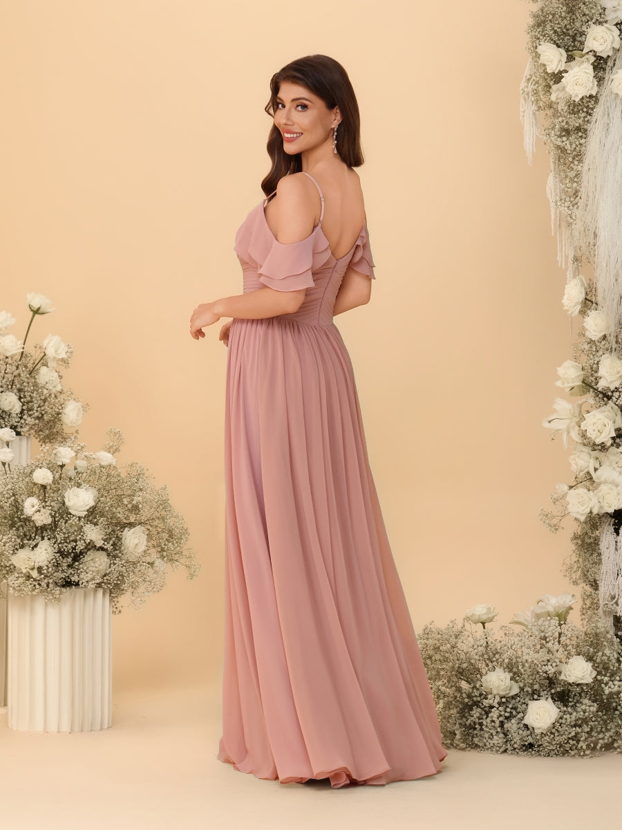 A-Line/Princess V-Neck Spaghetti Straps Chiffon Ruched Bridesmaid Dresses