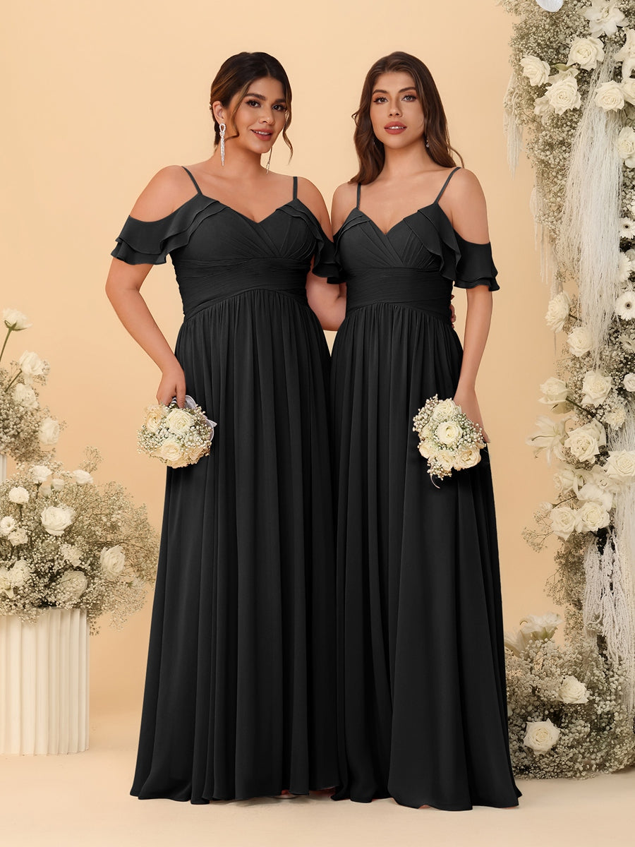 A-Line/Princess V-Neck Spaghetti Straps Chiffon Ruched Bridesmaid Dresses Black