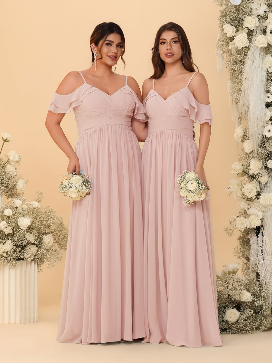 A-Line/Princess V-Neck Spaghetti Straps Chiffon Ruched Bridesmaid Dresses Blush Pink