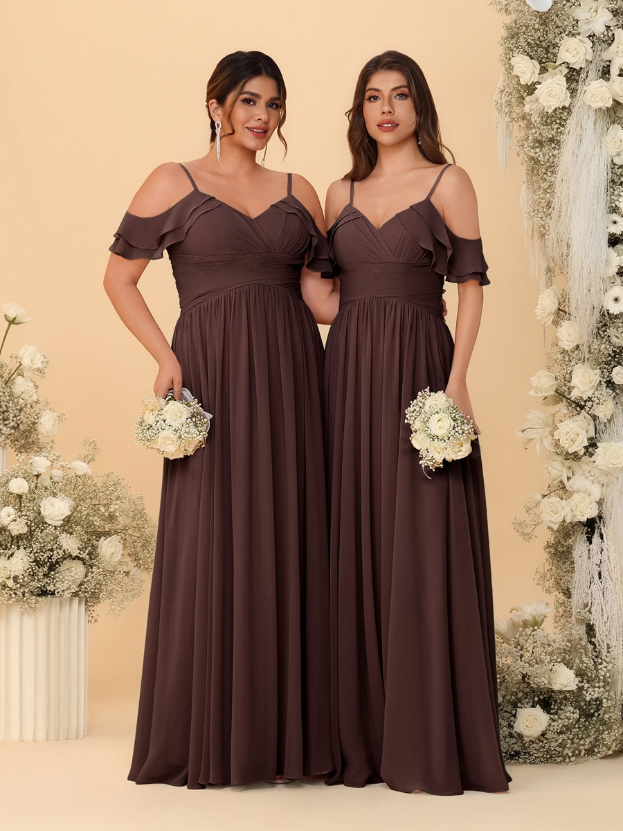 A-Line/Princess V-Neck Spaghetti Straps Chiffon Ruched Bridesmaid Dresses Brown