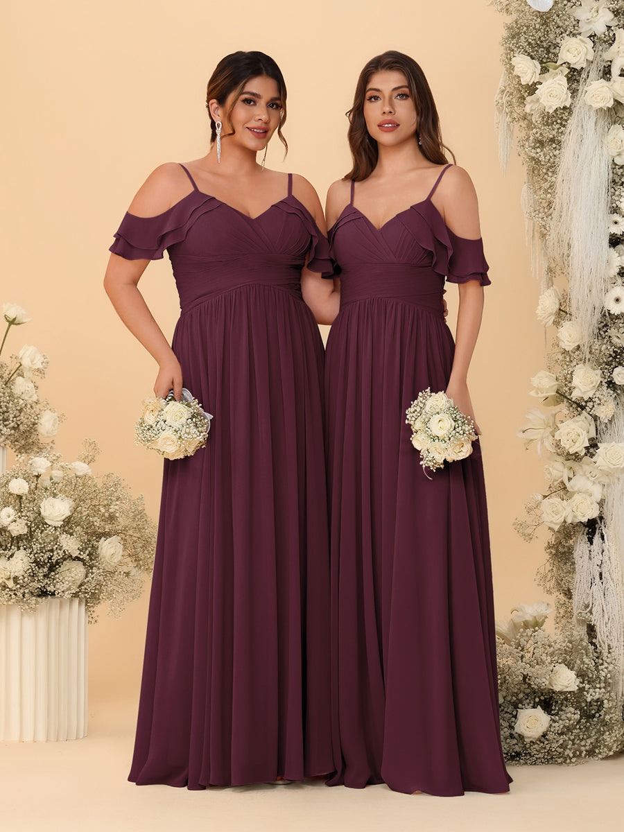 A-Line/Princess V-Neck Spaghetti Straps Chiffon Ruched Bridesmaid Dresses Burgundy