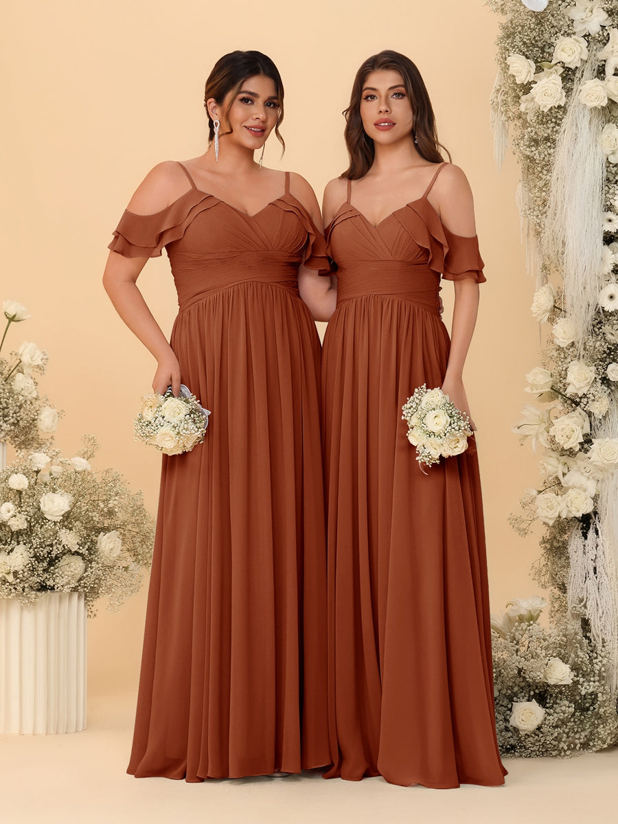 A-Line/Princess V-Neck Spaghetti Straps Chiffon Ruched Bridesmaid Dresses Burnt Orange
