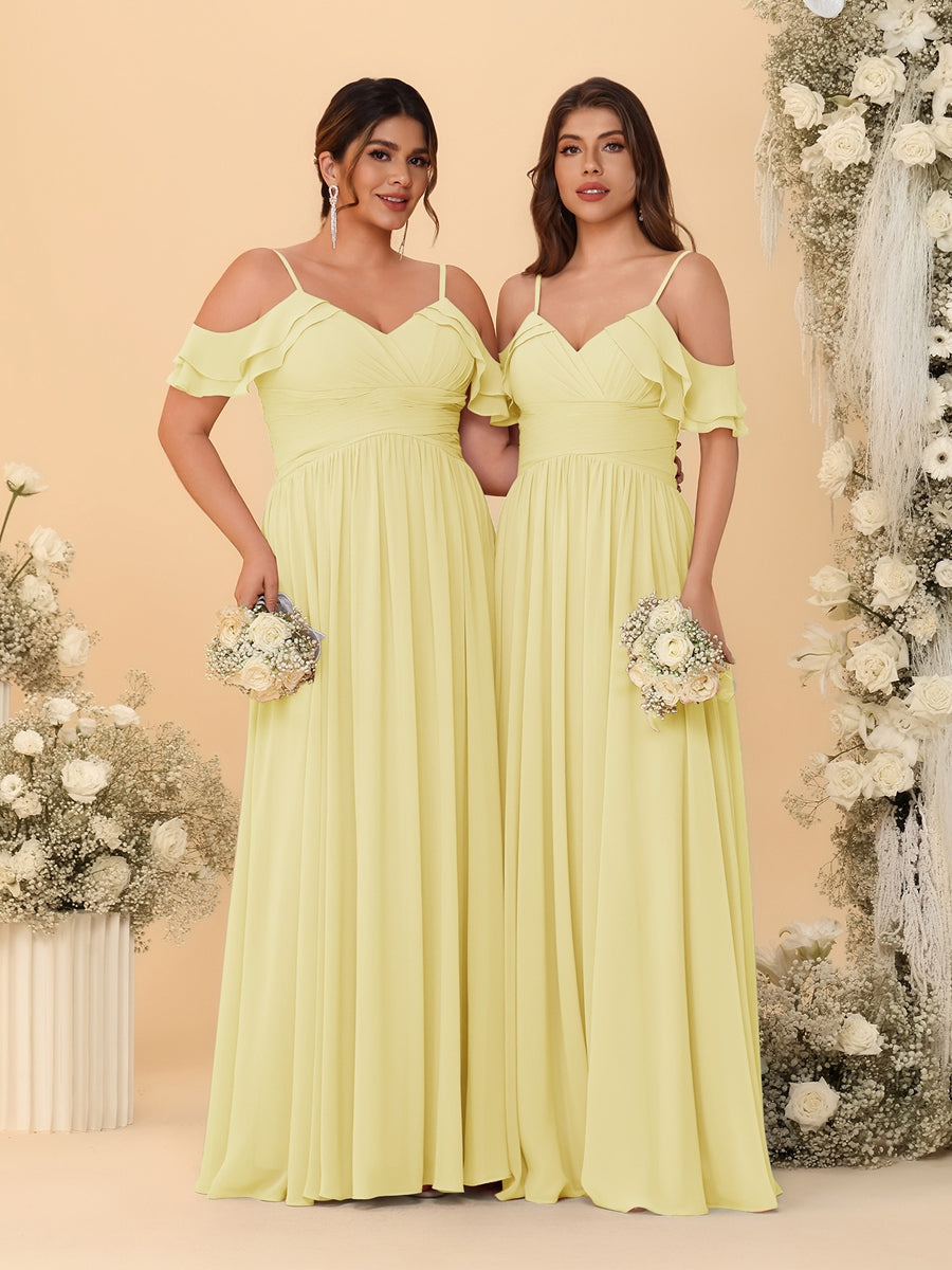 A-Line/Princess V-Neck Spaghetti Straps Chiffon Ruched Bridesmaid Dresses Canary