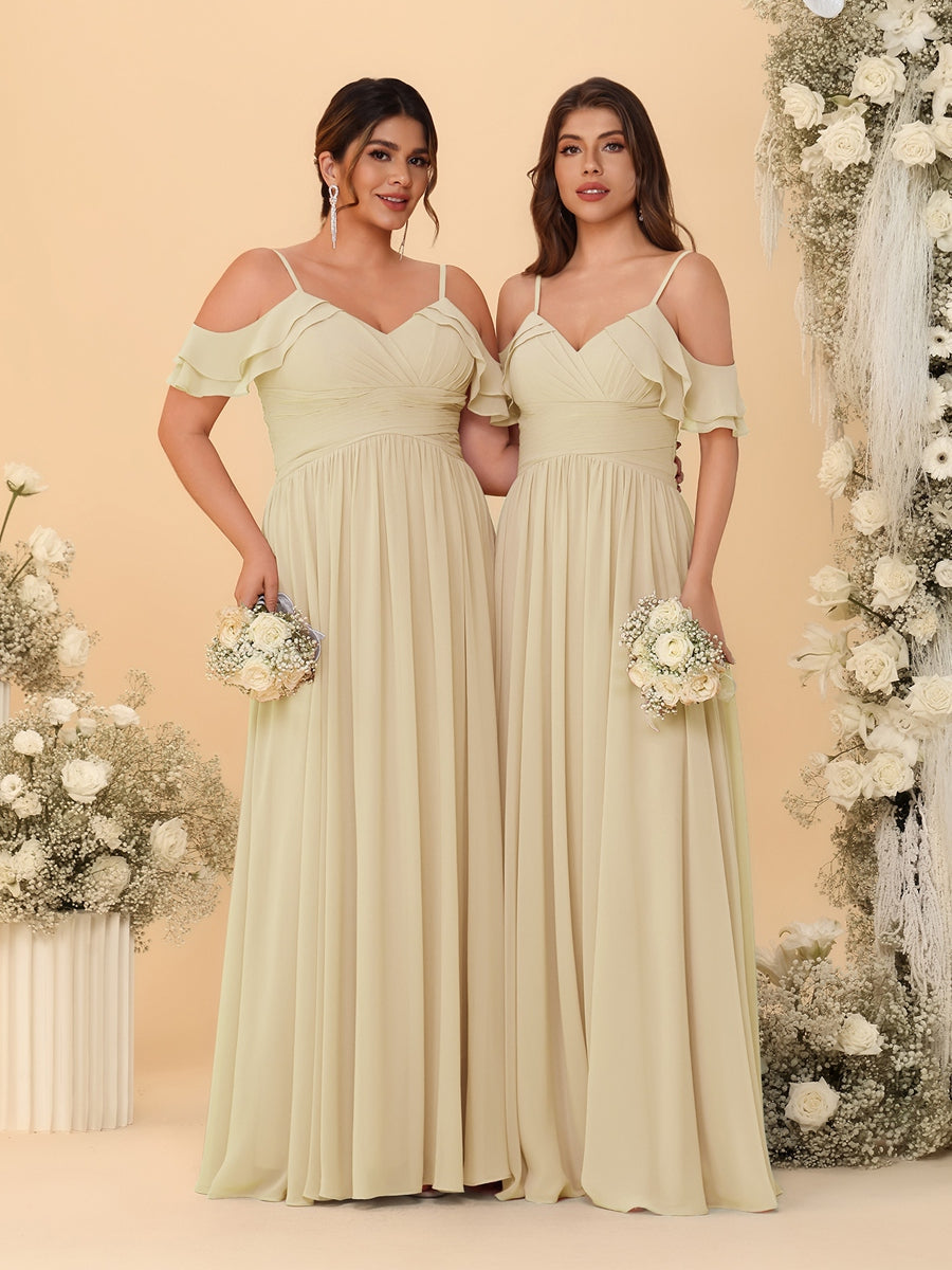 A-Line/Princess V-Neck Spaghetti Straps Chiffon Ruched Bridesmaid Dresses Champagne
