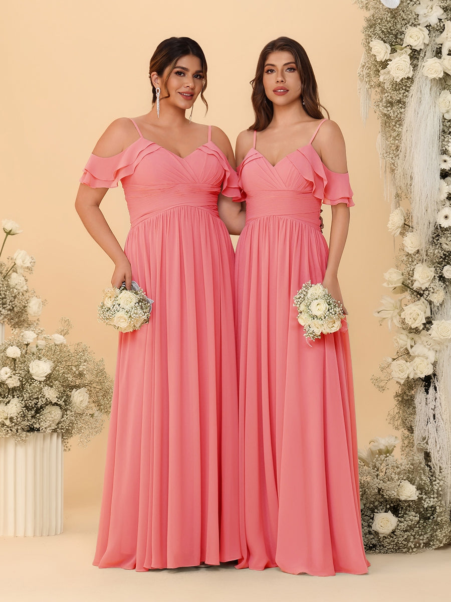 A-Line/Princess V-Neck Spaghetti Straps Chiffon Ruched Bridesmaid Dresses Coral