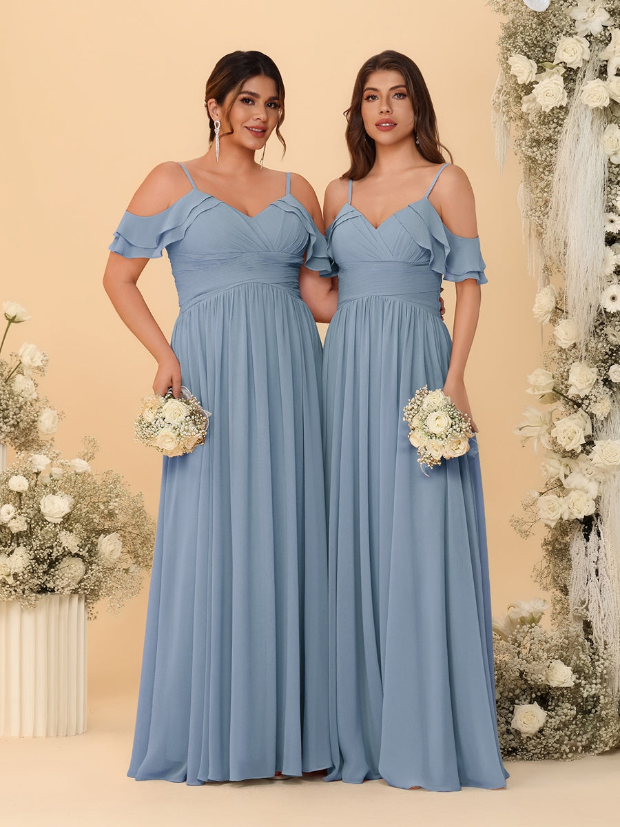 A-Line/Princess V-Neck Spaghetti Straps Chiffon Ruched Bridesmaid Dresses Dusty Blue