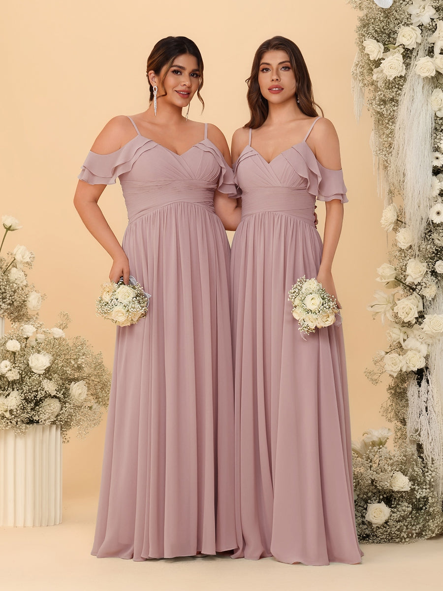 A-Line/Princess V-Neck Spaghetti Straps Chiffon Ruched Bridesmaid Dresses Dusty Pink