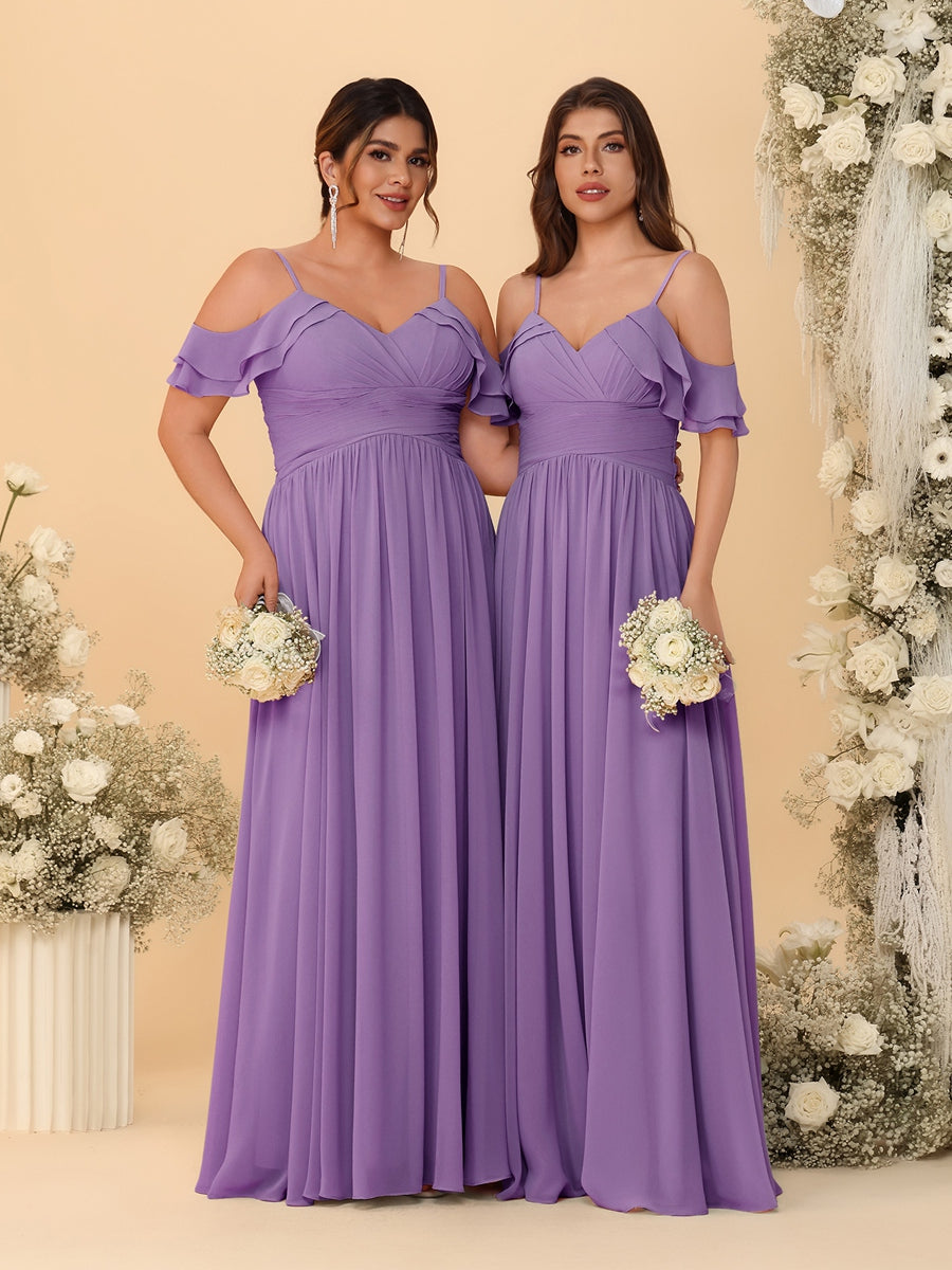 A-Line/Princess V-Neck Spaghetti Straps Chiffon Ruched Bridesmaid Dresses Dusty Purple