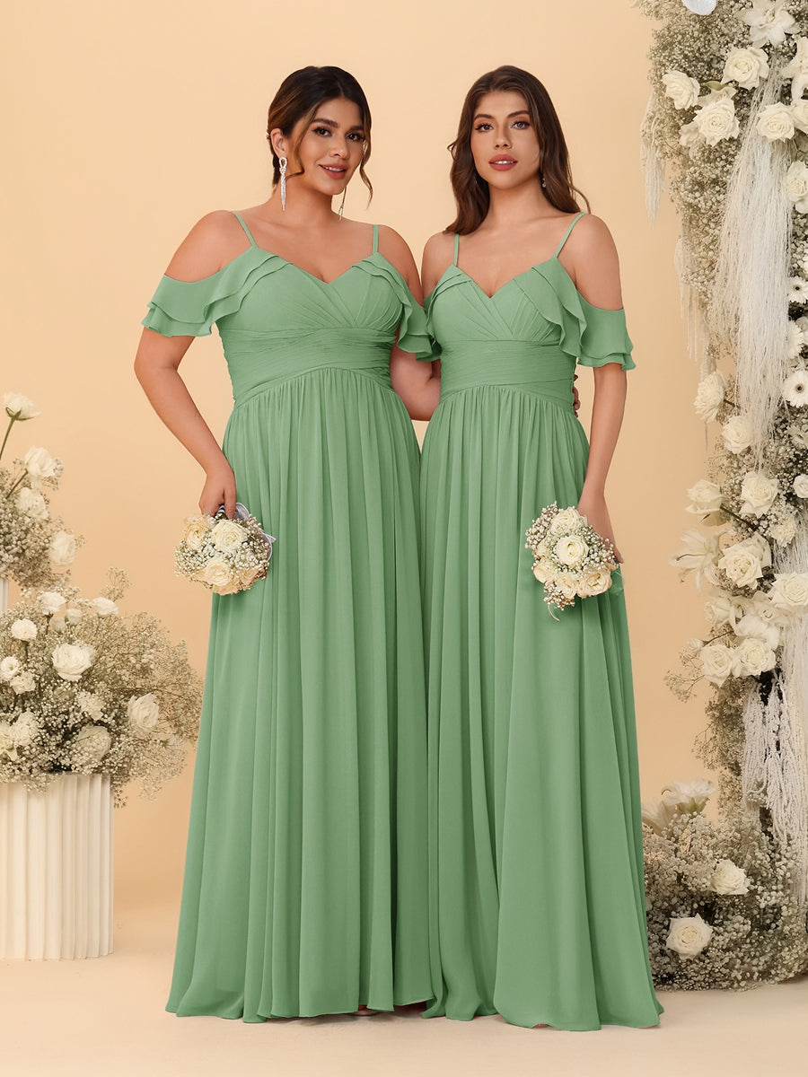 A-Line/Princess V-Neck Spaghetti Straps Chiffon Ruched Bridesmaid Dresses Dusty Sage