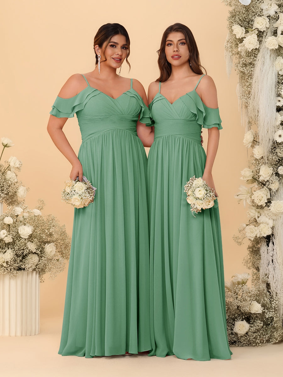 A-Line/Princess V-Neck Spaghetti Straps Chiffon Ruched Bridesmaid Dresses Eucalyptus