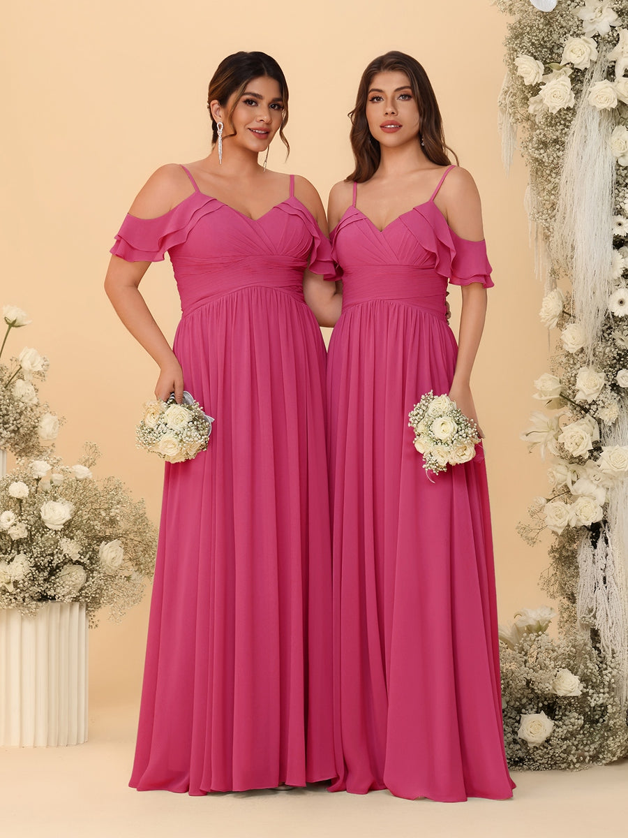 A-Line/Princess V-Neck Spaghetti Straps Chiffon Ruched Bridesmaid Dresses Fuchsia